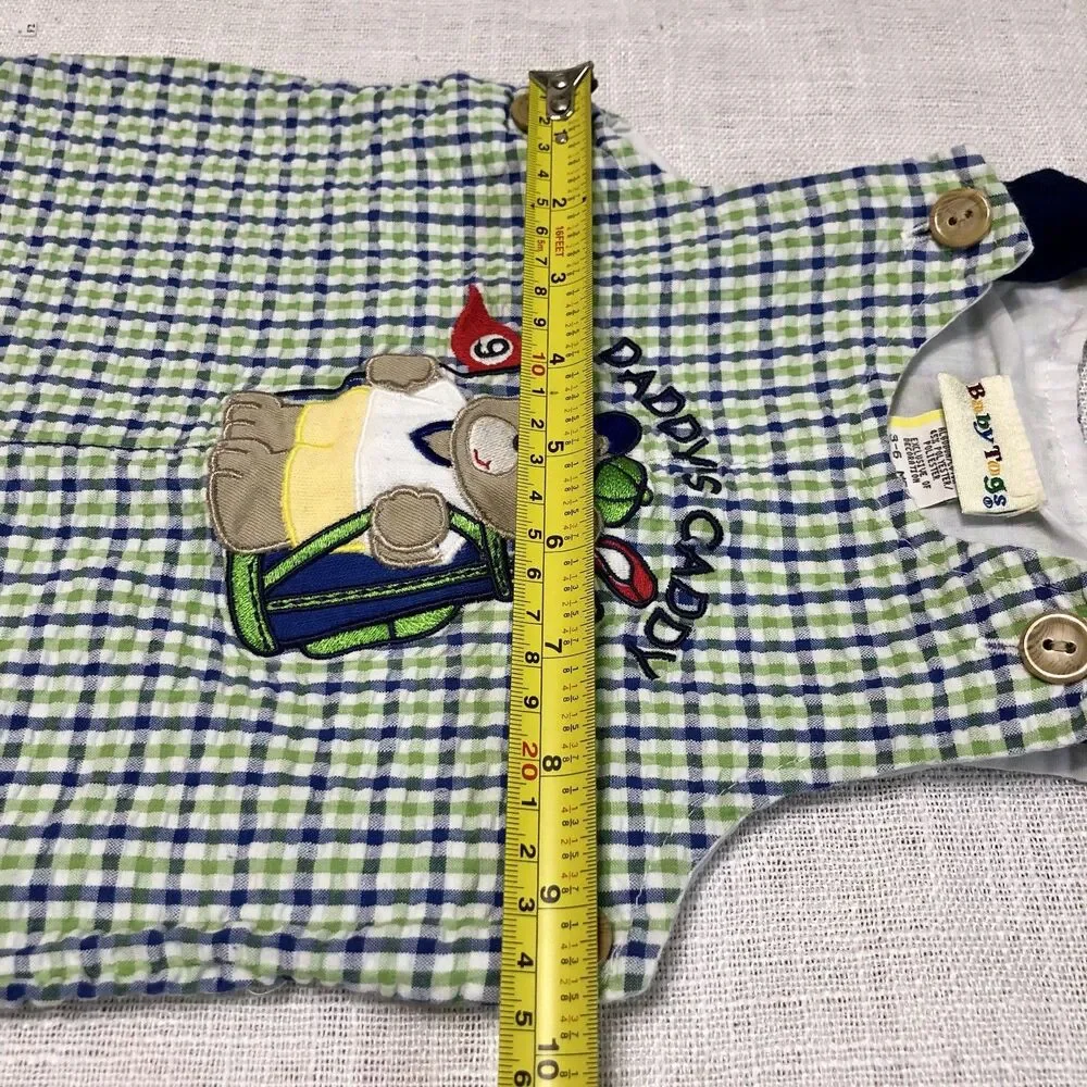 VTG Y2K baby boys 3-6m seersucker romper overalls golf bear plaid embroidered